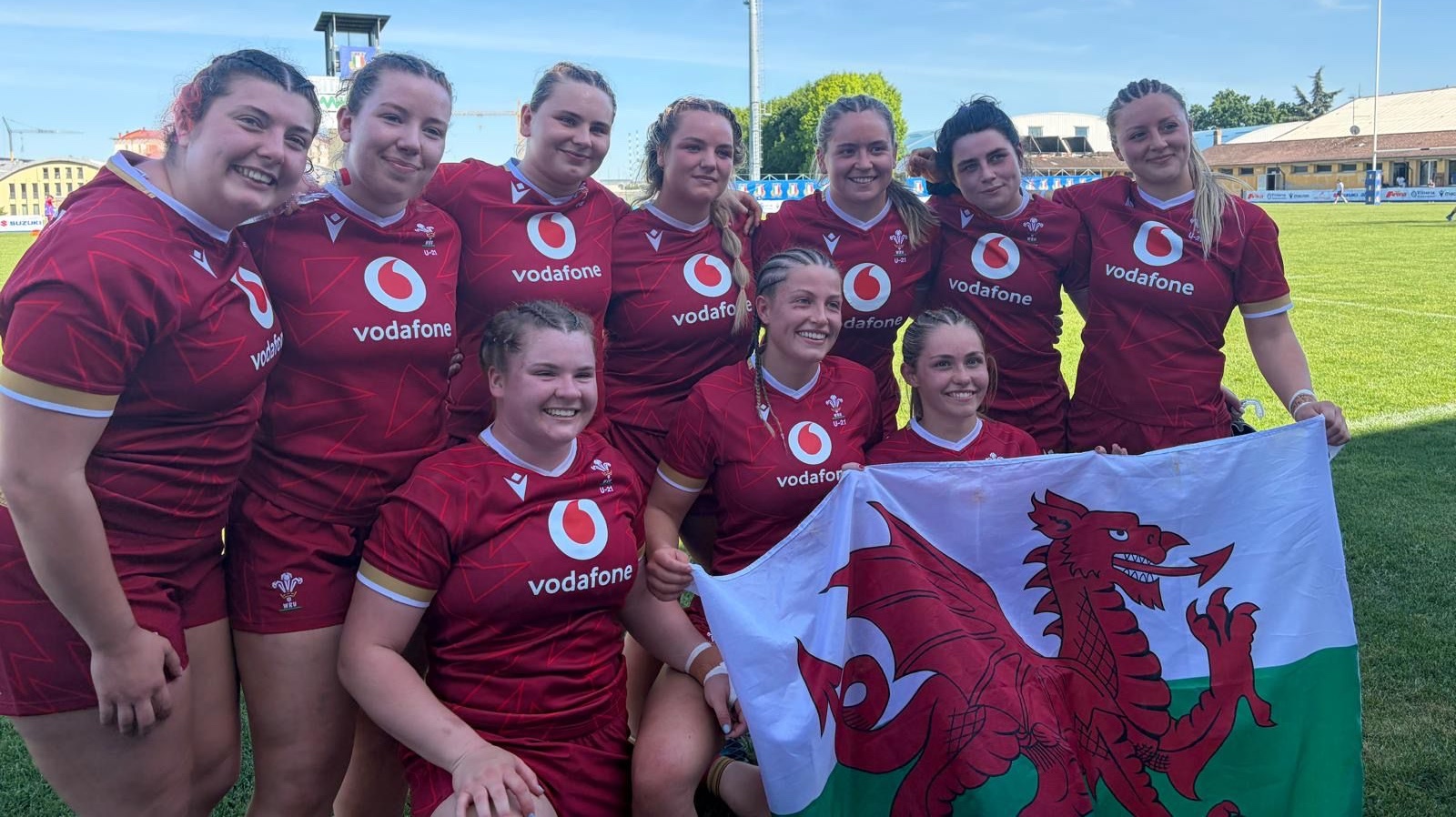 Caroline Cook, from left, with the Wales U21 forwards.