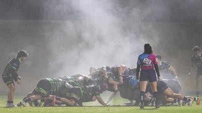 Scrum in the fog UBC vs Life at the 2025 Fall Classic. Photo Calder Cahill.