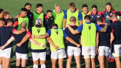 USA players huddle up before their test match with Belgium, summer 2025. Photo Alex Goff.