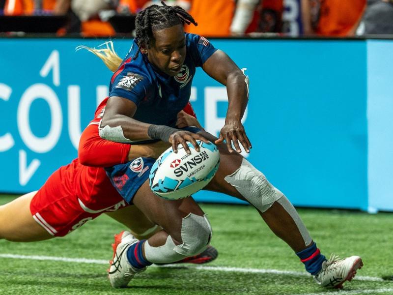 Su Adegoke manages to get this ball down for the try against Canada at the 2026 Vancouver 7s. Photo Alex Ho for World Rugby.