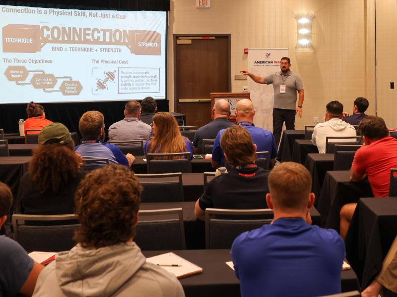 USA scrum coach Blake Bradford works a session on the scrum. Photo Calder Cahill.