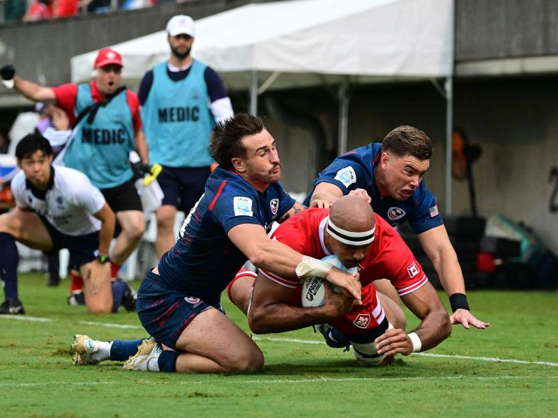 Player of the game Mason Flesch gopes over for Canada. Photo Atsushi Tomura for World Rugby via Getty Images.