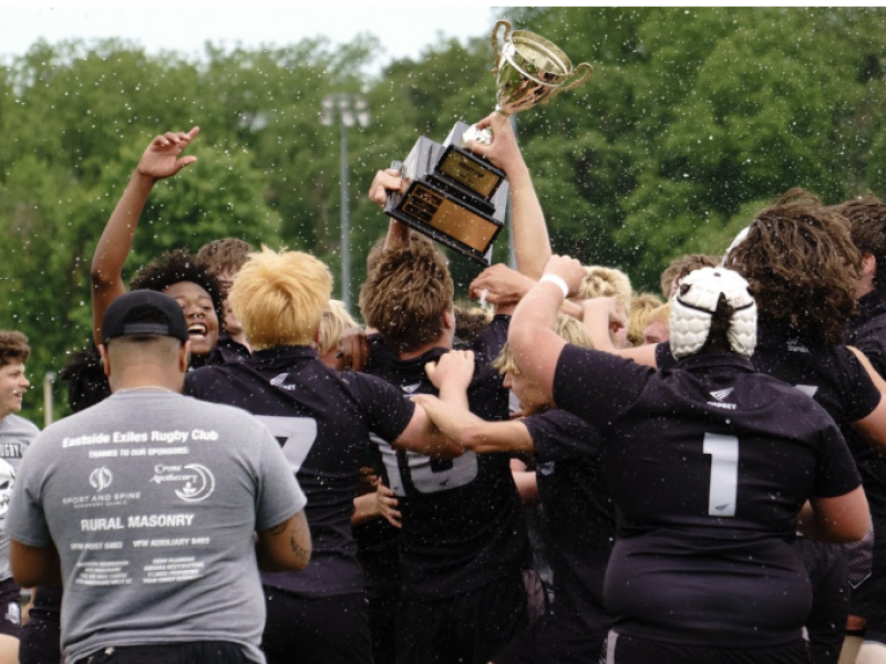 Eastside Exiles celebrate winning the 2026 Rugby Wisconsin boys championship. Photo Badger Kings.