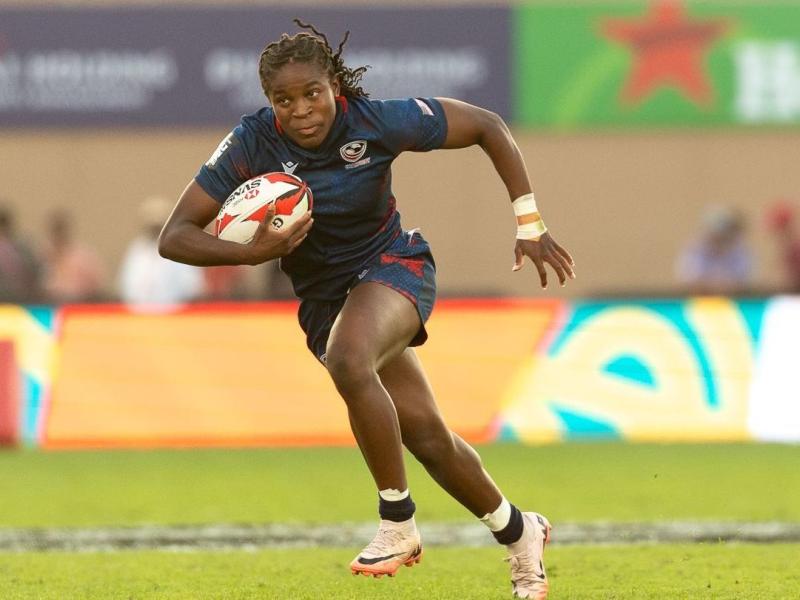 Kaylen Thomas for USA Women 7s at 2025 Dubai 7s. Alex Ho photo.