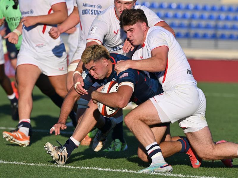 Dane Mitchell scores for USA U20s vs England U20s at 2026 JWC. Photo Levan Verdzeuli for World Rugby.