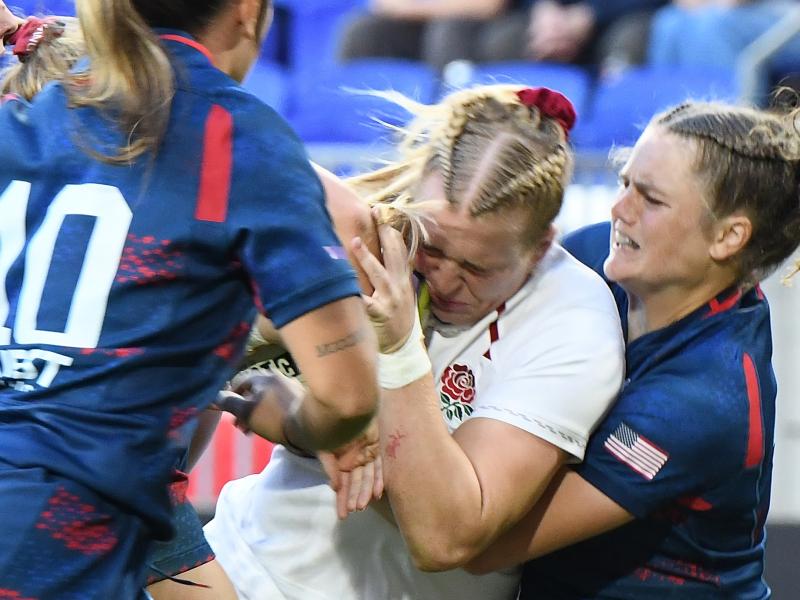 Emily Henrich makes a tackle vs England October 30, 2026 in Harrison, NJ.