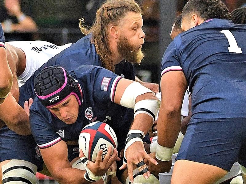 Dom Besag, seen here vs England with Marno Redenlinghuys helping out, scored two tries against Georgia. Photo David Hughes.