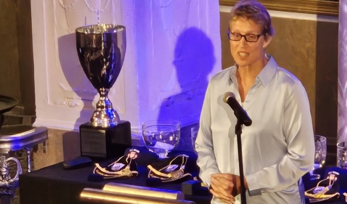 Nancy Fitz accepts her induction. Alex Goff photo.