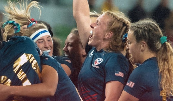 USA women celebrating their victory over Australia. Photo World Rugby.