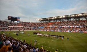 USA and Ireland line up to face each other at BBVA Compass Stadium in Houston in 2013. Ian Muir photo.