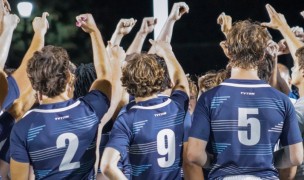 GVSU huddles up during Friday's match with Notre Dame's XV.