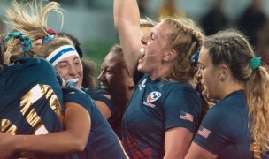 USA women celebrating their victory over Australia. Photo World Rugby.