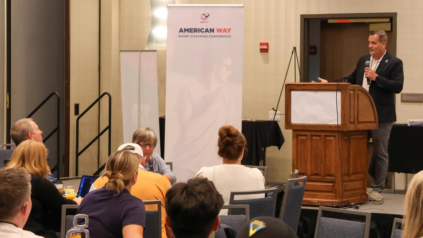 USA Rugby CEO Bill Goren addresses coaches at the 2026 American Way Coaching Conference.