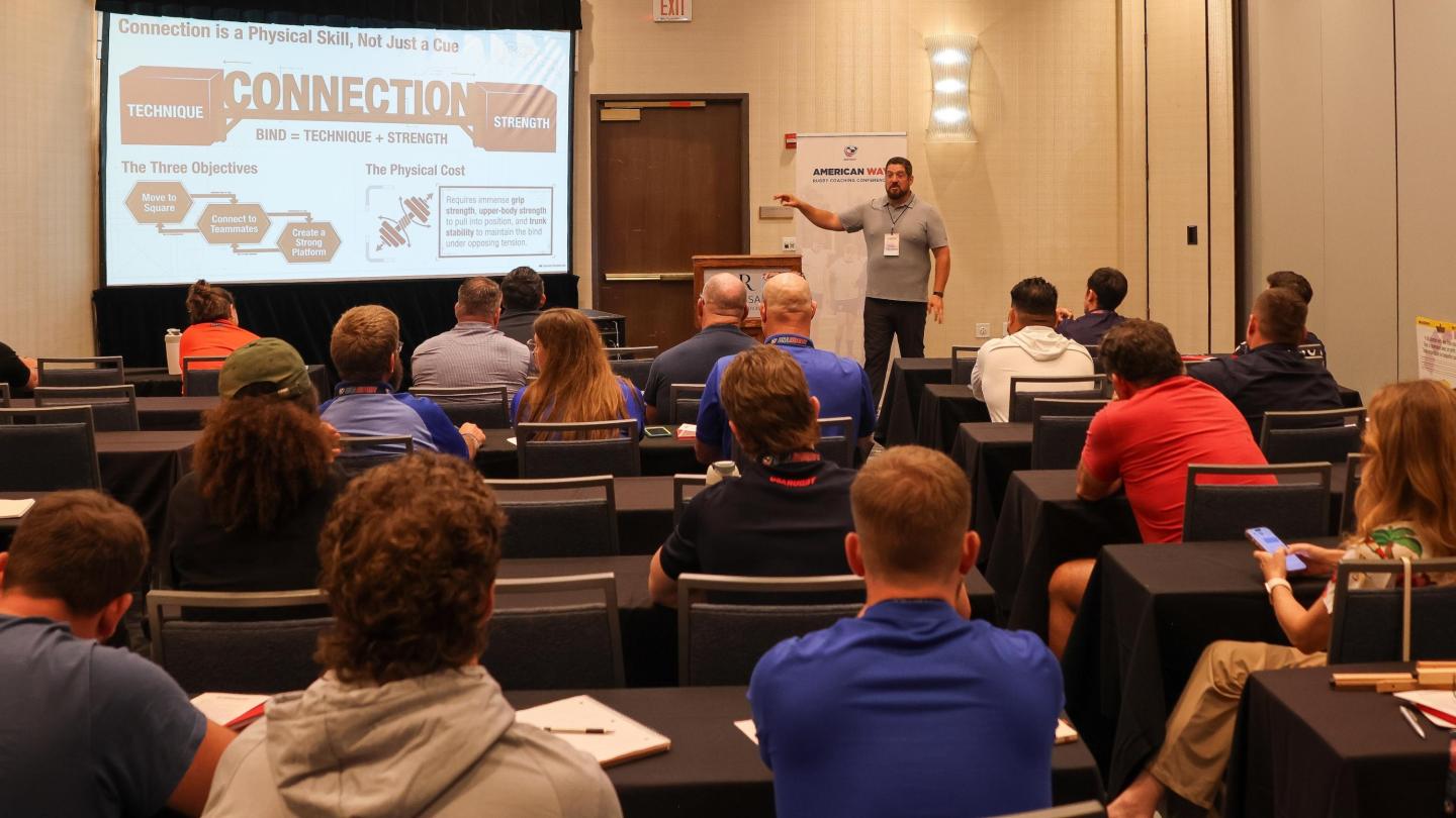 USA scrum coach Blake Bradford works a session on the scrum. Photo Calder Cahill.