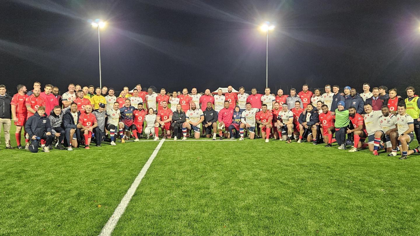 Both team, US Military v Army Masters, pose post-match November 7, 2025