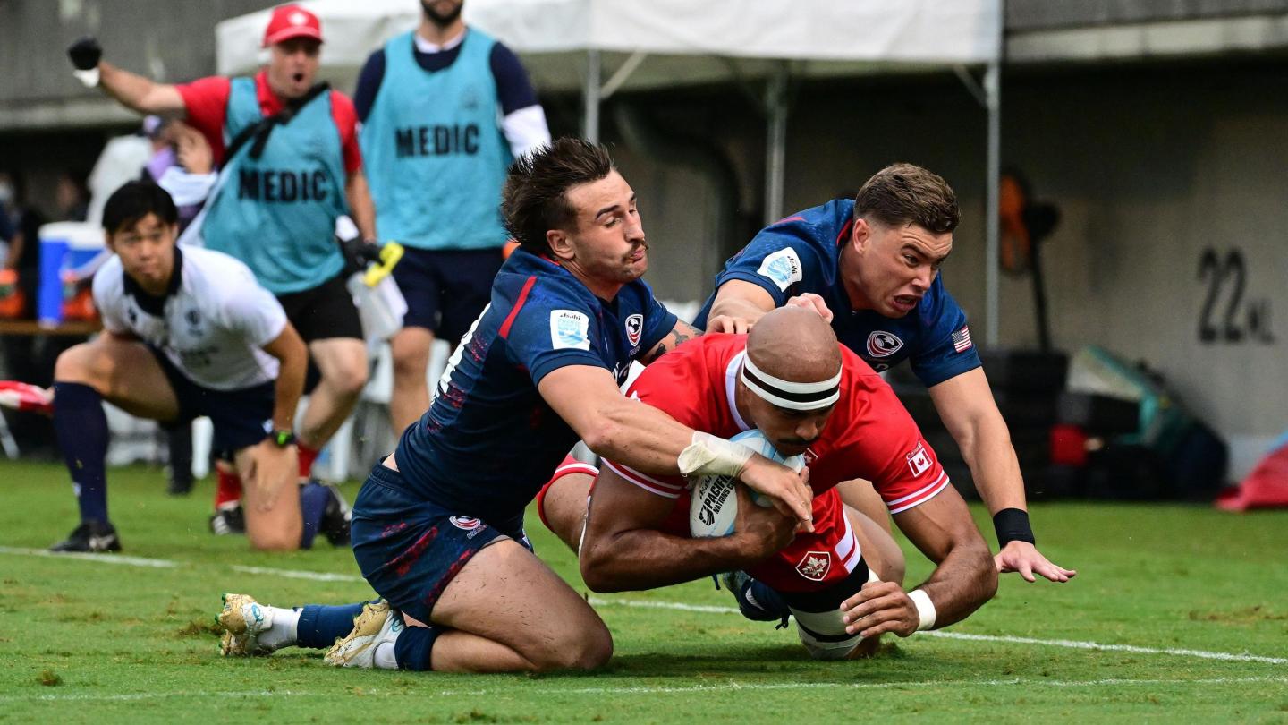 Player of the game Mason Flesch goes over for Canada. Photo Atsushi Tomura for World Rugby via Getty Images.