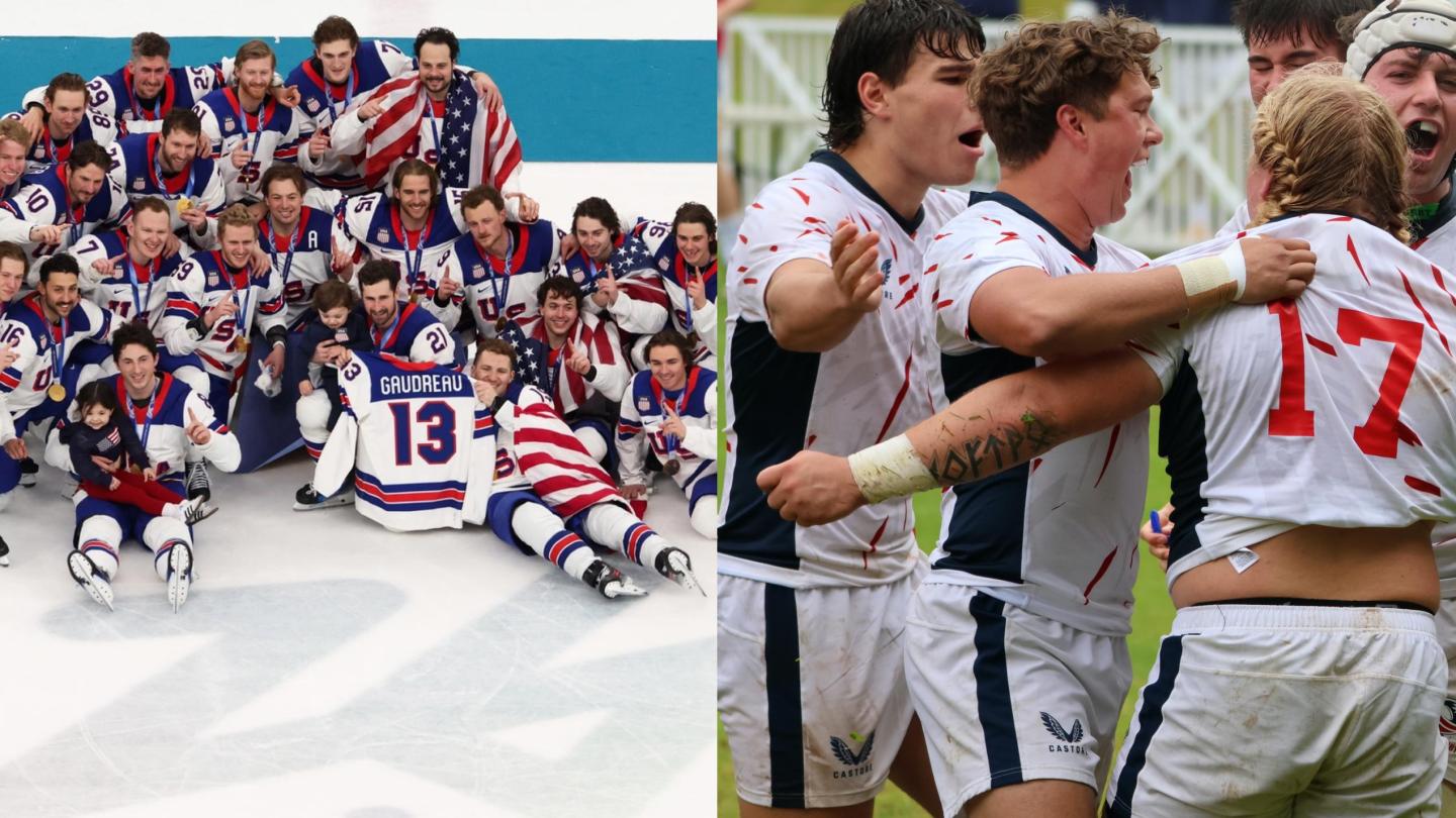 USA wins Gold in hockey. USA U20s celebrate a win over Canada. Photos USA Hockey and USA Rugby.