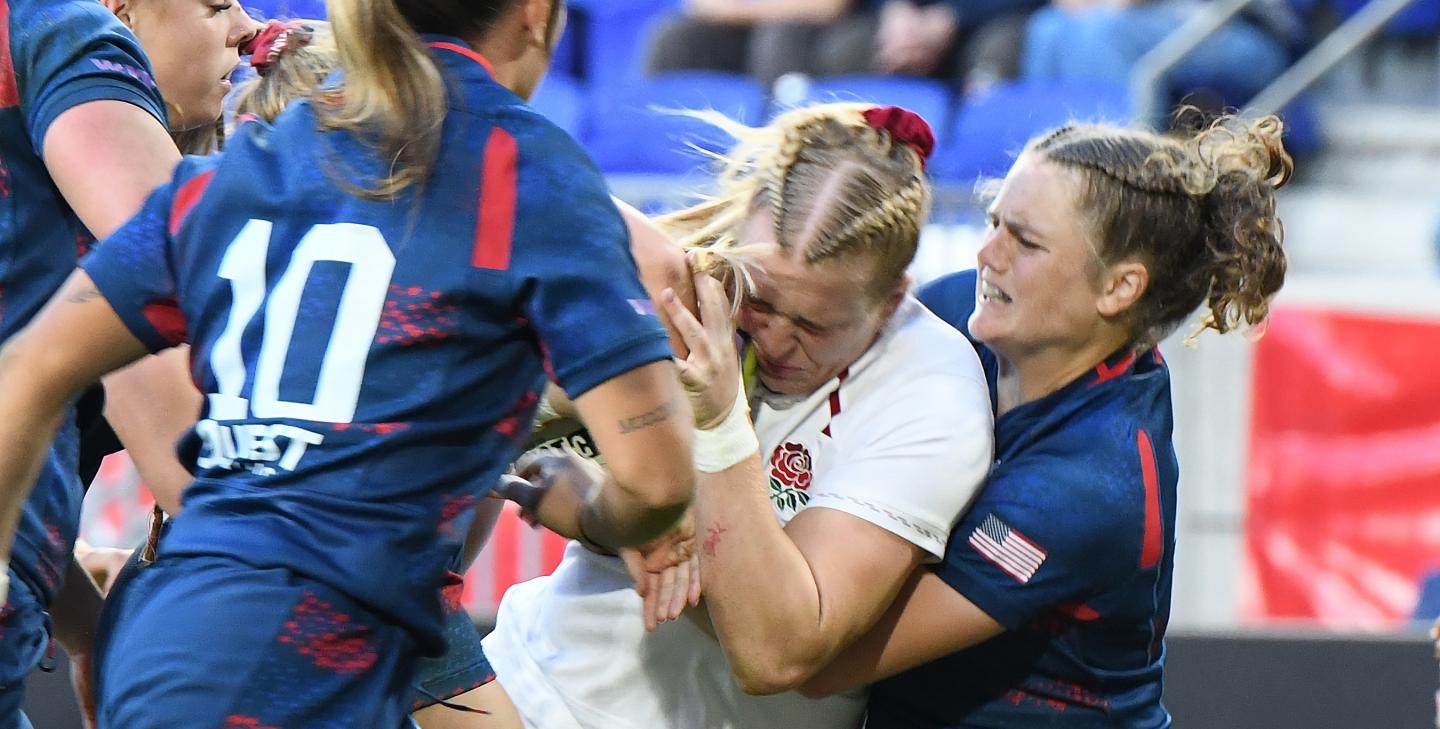 Emily Henrich makes a tackle vs England October 30, 2026 in Harrison, NJ. 