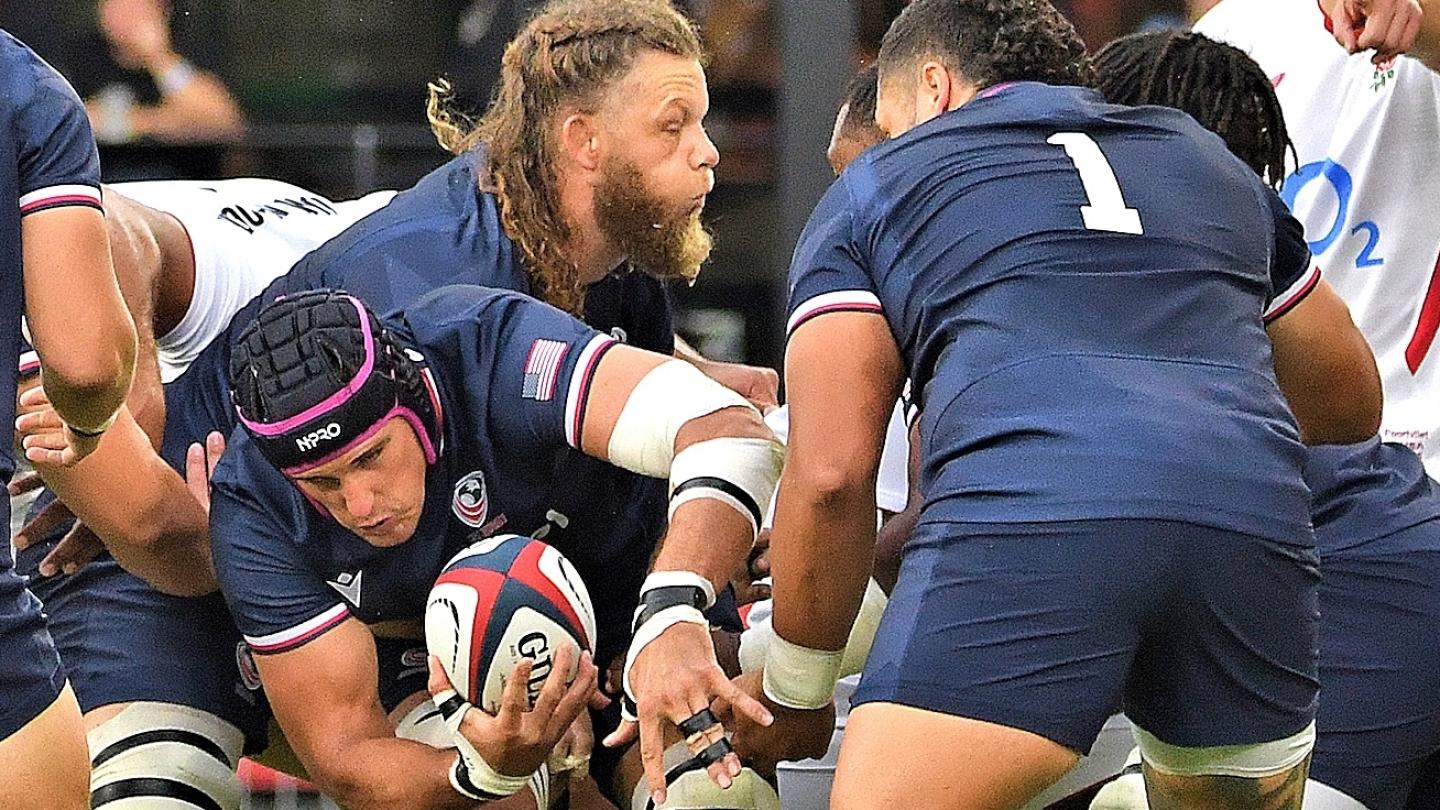 Dom Besag, seen here vs England with Marno Redenlinghuys helping out, scored two tries against Georgia. Photo David Hughes.